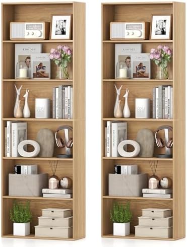 Giantex 6-Tier Bookcase Set of 2, 70" Tall Wooden Bookshelf, Freestanding Storage Organizer w/Open Shelves, Anti-Tipping Kits, Modern Floor Standing Display Shelves for Living Room,Natural