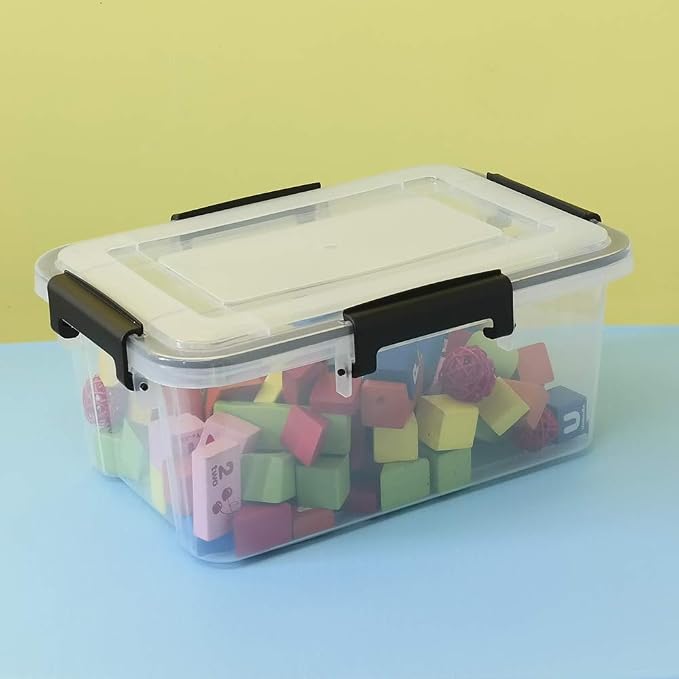 4-pack 10 Liter Clear Plastic Storage Box with Latch Clip/Seal Lid | Food Storage Containers, Latching Bin with Lid, Stackable, Durable