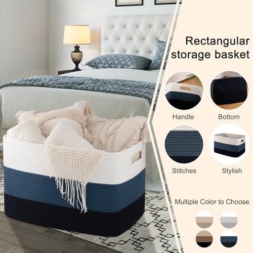 OIAHOMY 118L Extra Large Blanket Basket Cotton Rope Storage Basket Blue | 5" x 17" x 16", Rectangular Baskets Living Room,Used for storing Dirty Clothes, Toy Storage for Nursery Brown Black