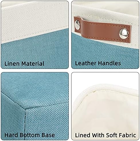 DULLEMELO Large Collapsible Storage Basket/Bin with Sturdy Leather Handles, Fabric Organizer Bin for Storage Clothes, Toys, Books, Office, Bedroom, Closet, Nursery & Laundry (White&Teal)