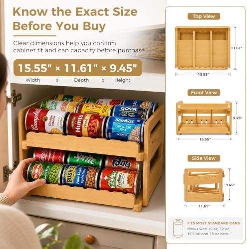 MinBoo Bamboo FIFO Can Organizer for Pantry, 24-Can Gravity Dispenser with Adjustable Dividers, Freestanding Wood Canned Food Storage Rack for Soup, Soda and Pet Food, 15.5" W x 11.6" D x 9.4" H