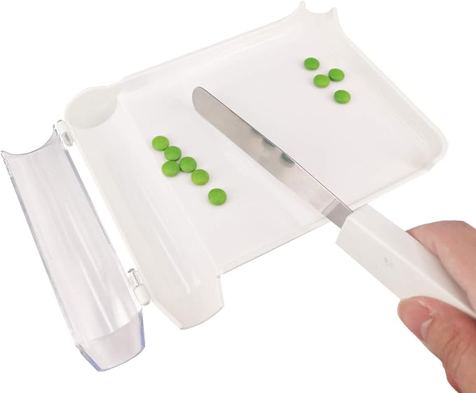 Medarchitect Right Hand Pill Counting Tray with Spatula, White | Dual-channel food-grade surface made without BPA, with hooked plastic handle for sanitary tablet sorting