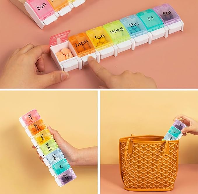7 Day Pill Case Organizer, Large Daily Medicine Box Dispenser Box | Colorful Travel 7 Dividers Vitamin Holder with Easy Push Button for Medication, Supplement, Fish Oil, Cod Liver Oil, Capsules