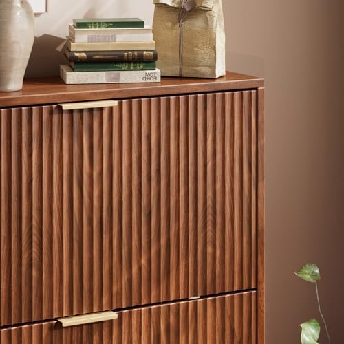Evermagin 31.5''W Walnut Shoe Cabinet Storage for Entryway, Fluted Slim Shoe Dresser with 3 Flip Drawers, Narrow Shoe Rack Cabinet, Hidden Shoe Organizer Cabinet for Entrance, Hallway