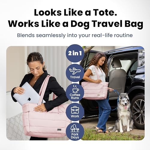 Rubyloo Dog Mom Bundle - Puffer Tote with Storage Containers (Pink) and Foldable Travel Bed (Foggy Trail Grey) - Travel Bag and Cozy Mat Set