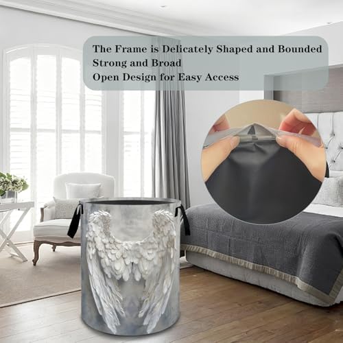 Angel Wings Laundry Basket Hamper, Organizer Bins Gifts for Women Kids, Heavenly White Feather Foldable Waterproof Clothes Hamper Handles Storage Bucket for Bedroom Bathroom Room Decor 19.7"x15.7"