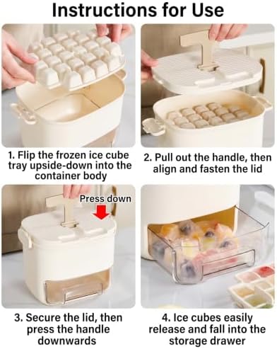 Ice Cube Tray with Storage Bin, One-Press 52-Grid, Beige | Food-grade PET, odor-free sealed lid, drawer access, portable handle, ice scoop, space saving mold for whiskey & cocktails