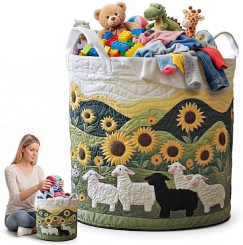Sunflower and Sheep Laundry Basket Quilted Farmhouse Clothes Hamper Canvas Animal Toy Storage Bin Round Fabric Blanket Organizer(14"x 18")