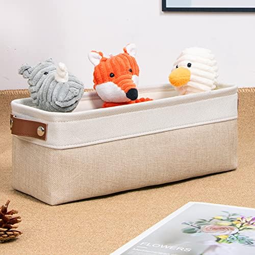 DULLEMELO Fabric Bathroom Storage Bin with Leather Handles, Narrow Organizer for Towels, Toilet Paper Rolls, Storage Basket for Back of Toilet, Vanities, Shelves & Cabinets (White&Khaki)