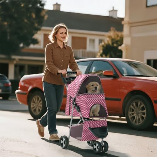 Foldable 3-Wheel Pet Stroller for Dogs & Cats, Pink Polka Dots | Storage Basket & Cup Holder, Breathable Mesh Cover, Lightweight and Durable, for Small to Medium Pets, up to 33 lbs