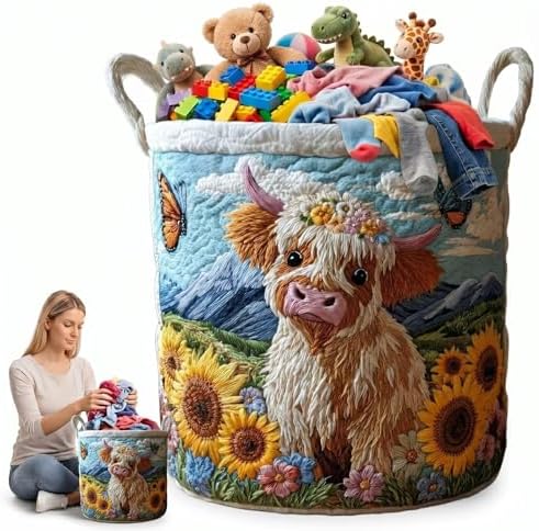 Highland Cow Laundry Basket Quilted Sunflower Clothes Hamper Cute Cattle Canvas Toy Storage Bin Floral Farm Animal Blanket Organizer(14"x 18")