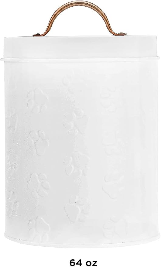 Amici Home Small Dog Treat Container Airtight, 8” Tall x 5.5” Round, White Embossed Puppy Paws Print, Storage Jar Canister for Cats, Small Animals, Gifts for Pet Owners, White