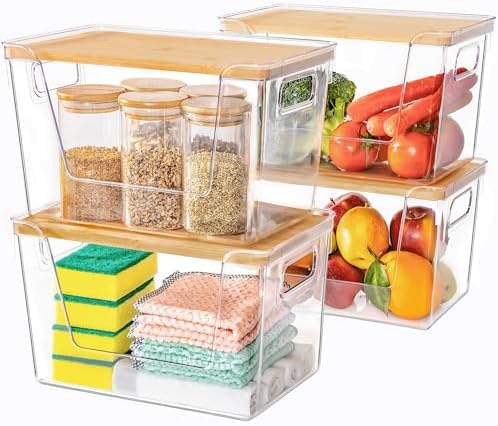 Criusia 4 Set Pantry Organizers and Storage with Bamboo Lids, Stackable Clear Bins for Onion, Potato, Fruit, Vegetables, Trash Bag Dispenser, Kitchen and Under Sink Organizer