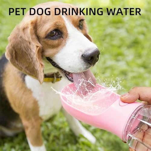3-in-1 Portable Dog Water Bottle Leak Proof 14oz Pink | Pet Water Dispenser with Built-in Snack Storage, Waste Bag Holder, For Outdoor Walking, Hiking, Travel