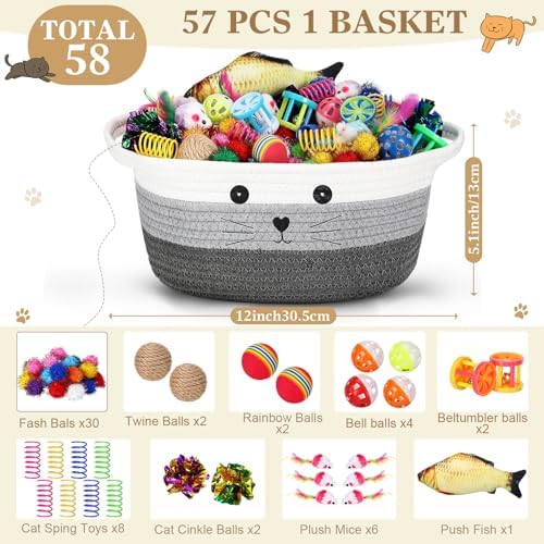 Zopeal 58 Pcs Summer Cat Storage Basket Gift Toys Set, Colorful Flashing Balls Pet Bell Crinkle Balls Spring Toys Attract Cat to Swat, Hunt, Interactive for Pet(Multicolor,12 Inch)