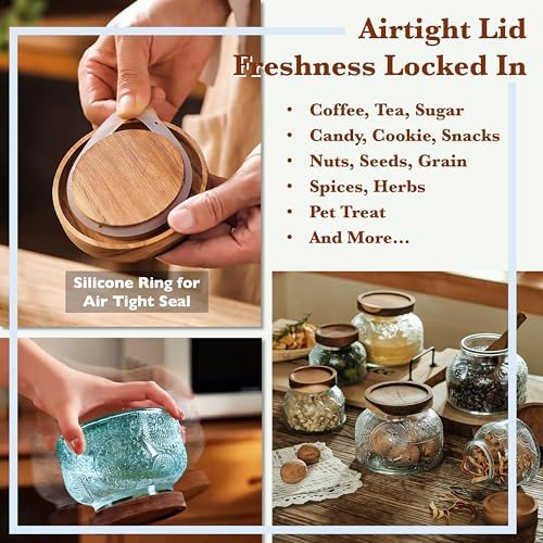 Decorative Ribbed Glass Jar with Airtight Wooden Lid, 40 fl. oz | Wide mouth vintage storage canister, kitchen pantry bathroom organization, coffee sugar tea cookie candy candle vase gift