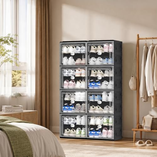 Black Shoe Storage Cabinet for 32 Pairs with Magnetic Clear Doors | Tool-free Assembly, Foldable Shoe Rack, Reinforecd Structure, Anti-Tiping, Furniture for Shoe Organizer, Closet, Garage