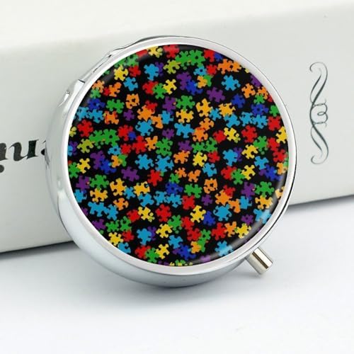 Round Pill Box with Mirror Colorful Puzzle Pieces Autism Awareness 3 Compartment, Decorative Metal Pill Case for Purse Travel Unique