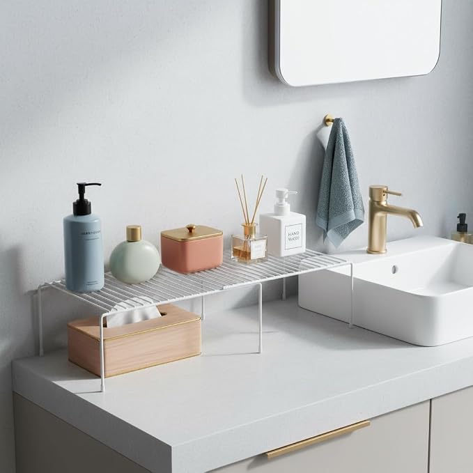 4-Pack Expandable Medium (13.4-25.1x9inch) Kitchen Organizer Rack, Kitchen Shelves for Spice Organization for Cabinet, Pantry Organizers and Storage, Spice Rack, Desk Organizer, White