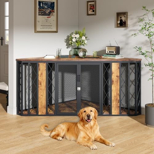 kepptory 67" Corner Wooden Dog Crate Furniture with Diamond Metal Decoration, Pet Kennel for Small, Medium and Large Dogs, Space-Saving Dog Cage for TV Stand(Brown)