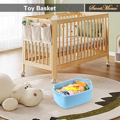 Large Empty Gift Baskets to Fill, Cute Woven Basket for Teen Girls, Women, Baby Shower - SweetMemo Decorative Small Toy Bin with Handles for Decor, Bathroom, with Gifting Bags and Ribbon, Sky Blue