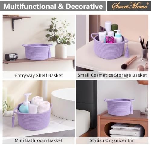 Small Gift Basket Empty to Fill, 2 Pack, Mini Woven Basket Purple | Cute Decorative Mini Rope Storage Baskets with Cellophane Bags & Ribbons; Two Sizes for Gifting, Bathroom Counter or Desk