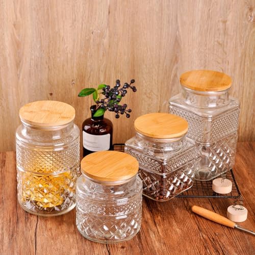 WHJY Glass Storage Container with Lid, Airtight Glass Jars, Farmhouse Tea Canister, Dog Treat Jar for Pet, Glass Candy Cookies Coffee Canister Jar Bath Salt Container - Square 47 oz