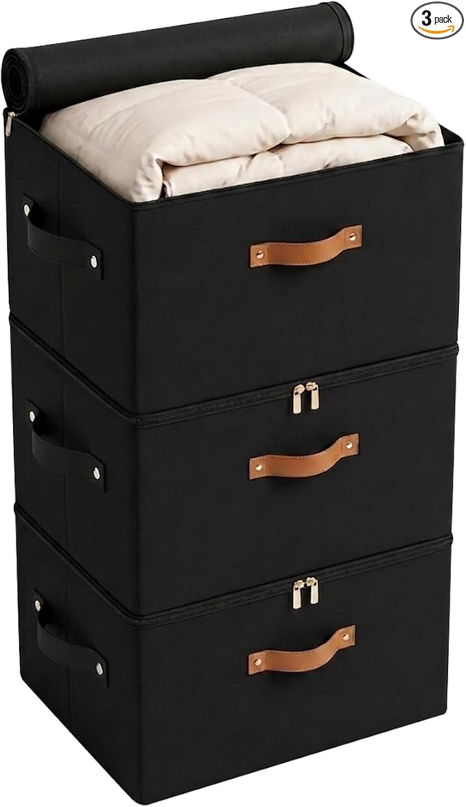 Tuza 3 Pack Foldable Storage Bin with Lid, Heavy-Duty Fabric Storage Box with Reinforced Handles, Collapsible Closet Organizer for Clothes, Bedding, Wardrobe & Bedroom Organization(Black, 56L)