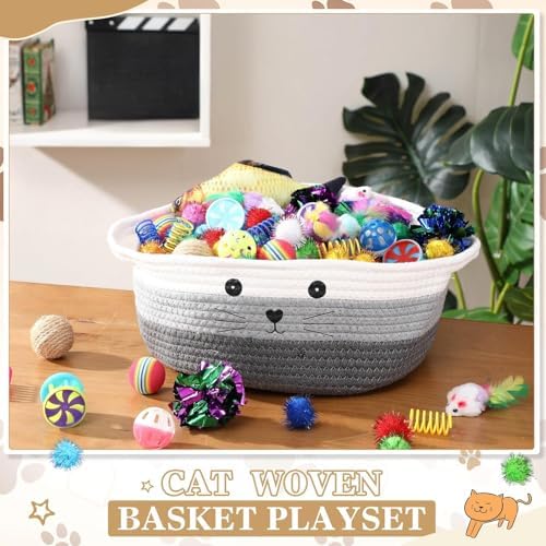 Zopeal 58 Pcs Summer Cat Storage Basket Gift Toys Set, Colorful Flashing Balls Pet Bell Crinkle Balls Spring Toys Attract Cat to Swat, Hunt, Interactive for Pet(Multicolor,12 Inch)