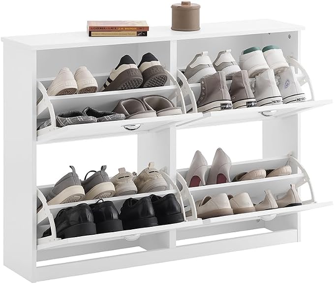 Haotian White Shoe Cabinet with 4 Flip Drawers | Large Freestanding Shoe Rack, Modern Shoe Organizer for Entryway, Hallway, Entrance FSR196-W