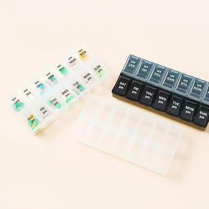Large Pill Organizer, Weekly Portable Pill Dispenser Reminder Box | Travel Daily Pill Case Holder, Medication Planner for Vitamin, Medicine, Fish Oil, Supplements, 14 Compartment, Transparent
