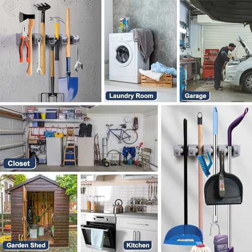 Mop And Broom Holder Wall Mount Cleaning Supplies Organizer For Closet | Laundry Room Garden Tool Hangers For Garage Wall Hanging Rack Utility Shop Organization And Storage