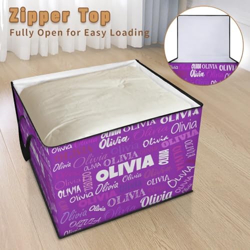 Personalized Storage Bins with Lid, Customized Name Jumbo Storage Basket Rectangle Clothes Organizer for Organizing Kids and Pets Toys Shelf Closet, Dark Voilet Purple Background
