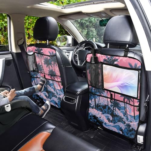 2 Pack Back Seat Car Organizer with Storage Pockets Kick Mats Back Seat Protector Hanging Car Organizer Automotive Seat Back Cover Organizers Palm Tree Wave Pink