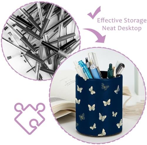 Faux Leather Pen Holder for Desk, Pencil Organizer Butterfly Pen Cup Desk Decor Makeup Brush Holder Storage for Office Home