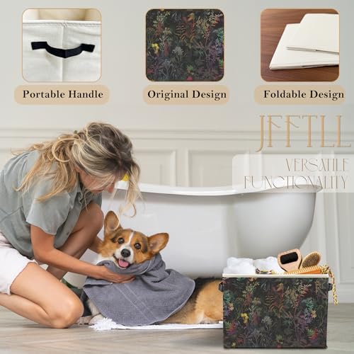 Dark Botanical Floral Storage Bins with Handles, Cottagecore Colorful Wild Flower Leaf Collapsible Laundry Basket Storage Box for Home Bedroom Bathroom Clothes Toys Books