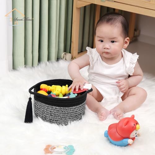 Small Gift Basket Empty to Fill, Gift Bag & Ribbon, Black Gray | Cute Decorative Mini Woven Rope Basket with Handles for Gifting; Reusable for Bathroom Counter or Desk Catchall, 8 x 4.7 in