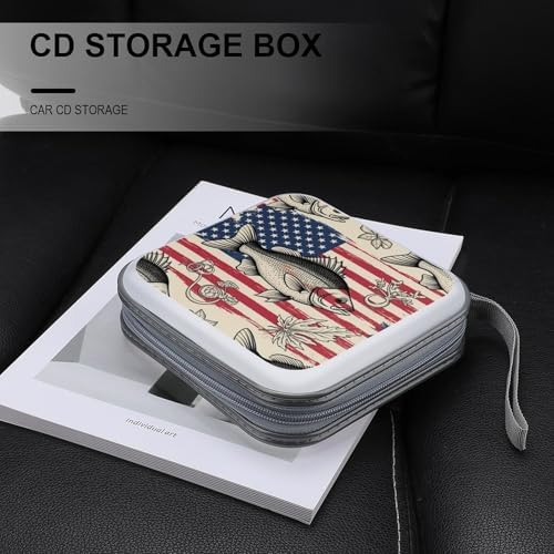 40-Disc Hard Shell Storage Wallet American Flag Camo Fish, DVD CD Binder with Carry Strap, Portable Protective Organizer for Travel Office
