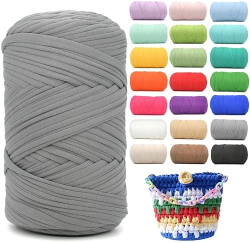 400g Tshirt Yarn for Crochet,Grey T Shirt Soft Elastic Fabric Chunky Thick T-Shirt Crochet Yarn for Crocheting Knitting Beginner Hand Knitting for Bag/DIY Craft/Home Decor-Grey