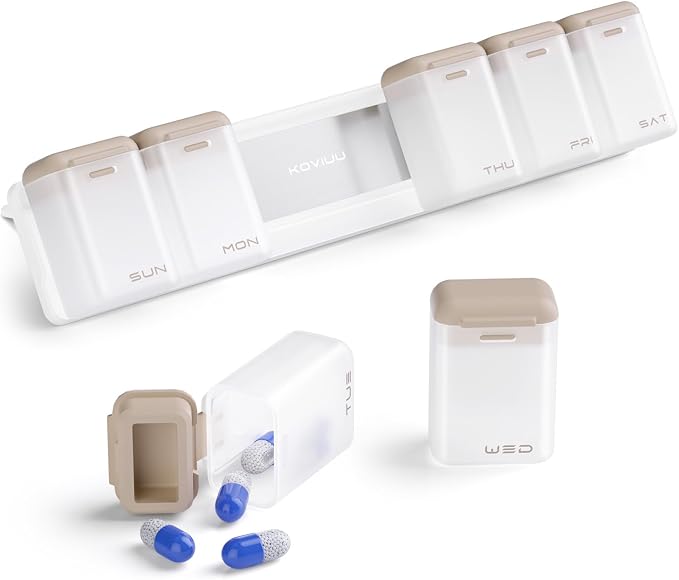 KOVIUU Weekly Pill Organizer, Magnetic Medicine Vitamin Case 1 Time a Day | Week Once Daily Supplement Box, Removable Medication Container Holder for Fridge, 7 Day Large Travel Pill Dispenser, Brown