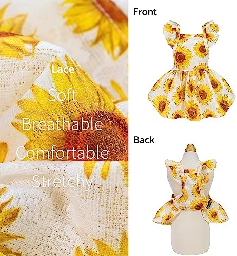 Fitwarm Dog Sunflower Dress, Dog Clothes for Small Dogs Girl, Pet Cat Apparel, White, Yellow, Red, XXS
