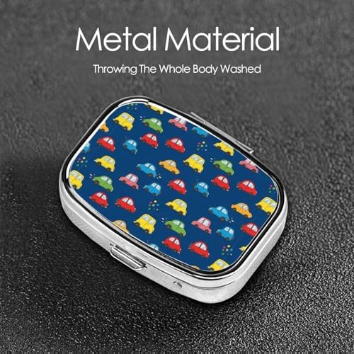 Portable Pill Organizer Compact Moisture-Proof Case Daily Vitamin Box for Men Women Travel Pocket Purse, Navy Blue Drawing Car