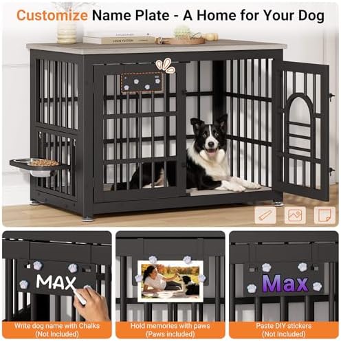 YaFiti 37.8" Dog Crate Furniture, Wooden Dog Kennel with Bowls, Grey | Adjustable Feeder, Name Tag, for Small/Medium Dogs, Chew-Resistant, Heavy Duty, Side End Table, Decorative Pet Cage