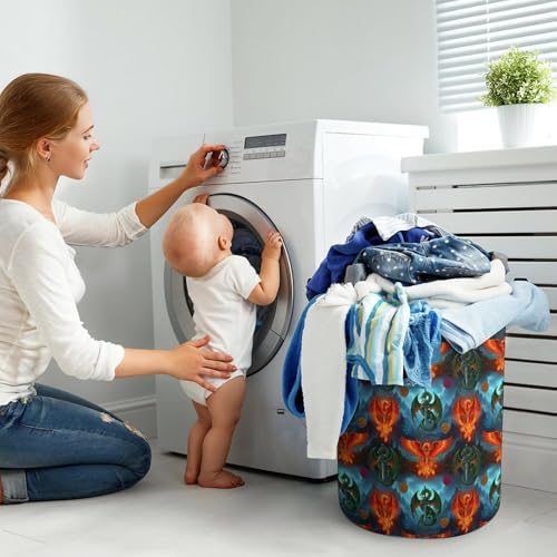 Collapsible Laundry Hamper with Handles Flame Dragon Phoenix Western Myth, Large Waterproof Clothes Basket for Bedroom, Bathroom, and Toy Storage Organization