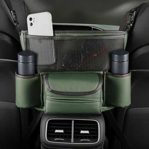 Car Handbag Holder Between Seats, PU Leather Large Capacity Car Purse Holder for Front Seat, Seat Back Net Bag Double-sided Tissue Storage Handbag Holder Car Accessories (Army Green)