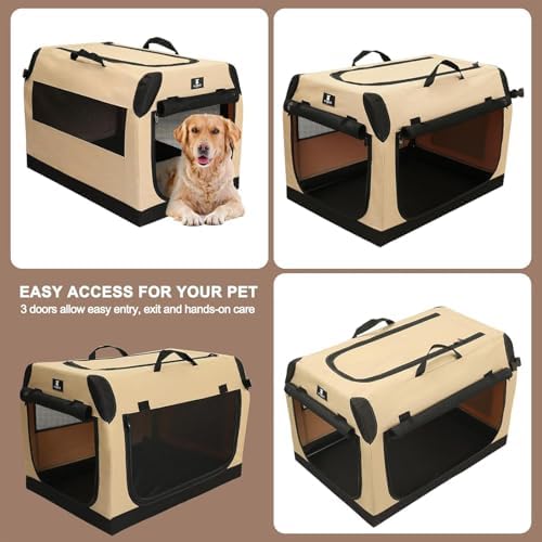 X-ZONE PET 3-Door Portable Soft-Sided Folding Soft Dog Travel Crate Collapsible Pet Kennel,XX-Large, 40 x 27 x 27 Inches,Tan