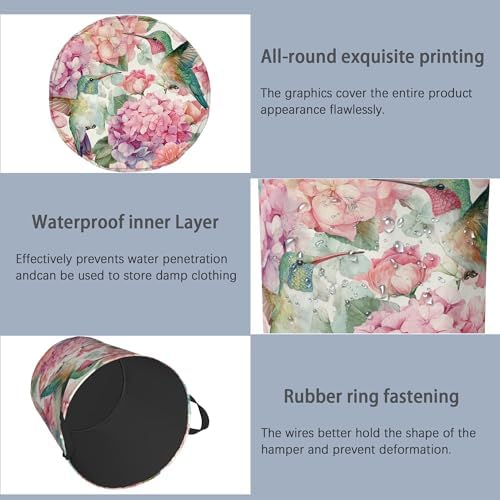 Hummingbird Laundry Hamper,Pink Flower Floral Dirty Clothes Laundry Basket with Handles Waterproof Oxford Cloth Storage Basket for College Dorms Bathroom Bedroom 16" x 20.8"