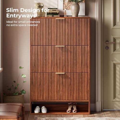 Evermagin 31.5''W Walnut Shoe Cabinet Storage for Entryway, Fluted Slim Shoe Dresser with 3 Flip Drawers, Narrow Shoe Rack Cabinet, Hidden Shoe Organizer Cabinet for Entrance, Hallway