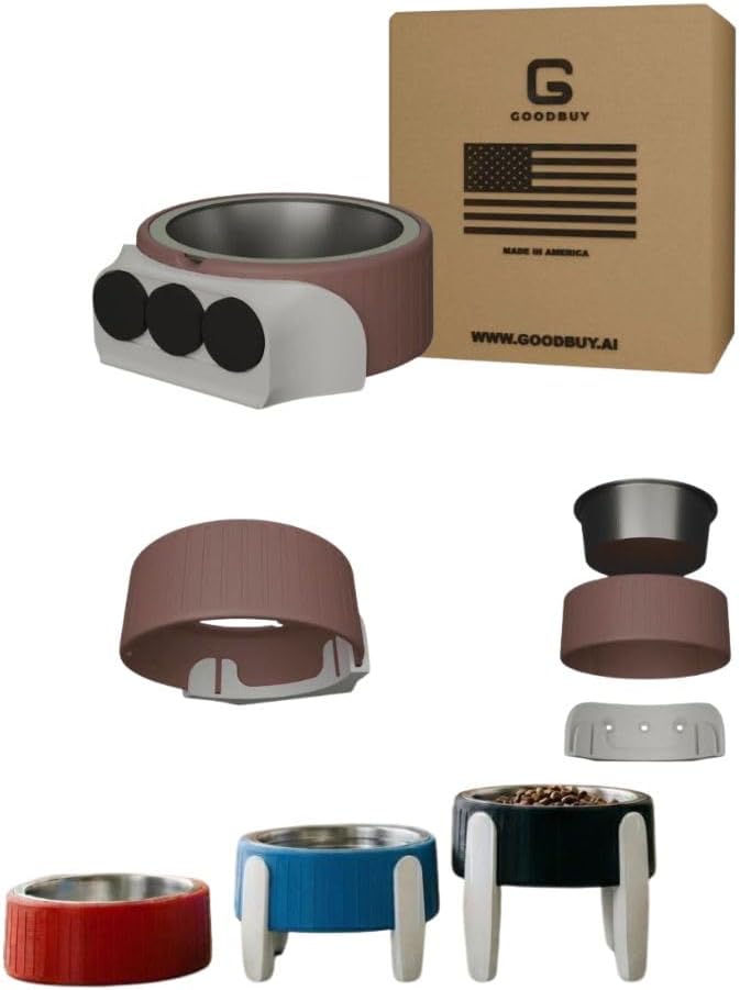 Pet Station Elevated Dog Bowl Stand for 6.8 in. Bowls - 3D Printed Dog Feeder - Adjustable Height Legs and Magnetic Fridge Mount Feeding Station - Made in USA (Brown, Bowl + Full Combo)