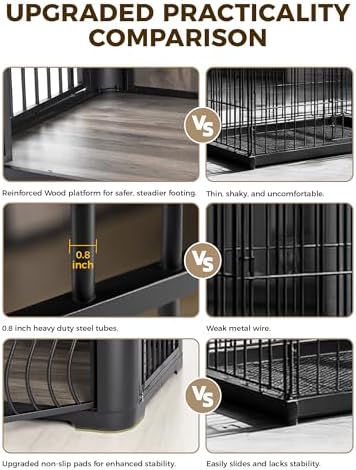 48 Inch Large Dog Crate Furniture, Heavy Duty Wood Dog Kennel Furniture Indoor for Large and Medium Dogs, Pet Crate Furniture with Adjustable Rotating Hanging Bowl and Table, White